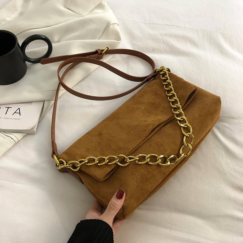 Velvet Handbags Metal Chain Women Shoulder Bag Soft Clutch Solid Shoulder Bags