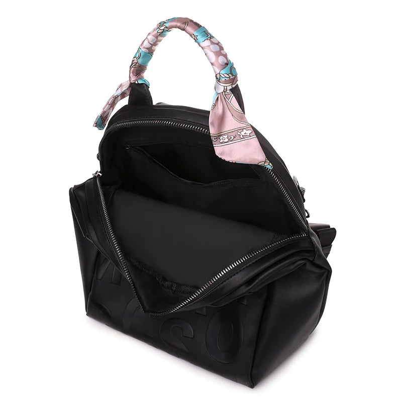Backpacks Pu Leather Purpose Travel Women Shoulder Bag Letter Ribbon Daypack