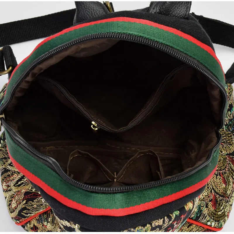 Peacock Sequins Embroidered Canvas Backpack for Women