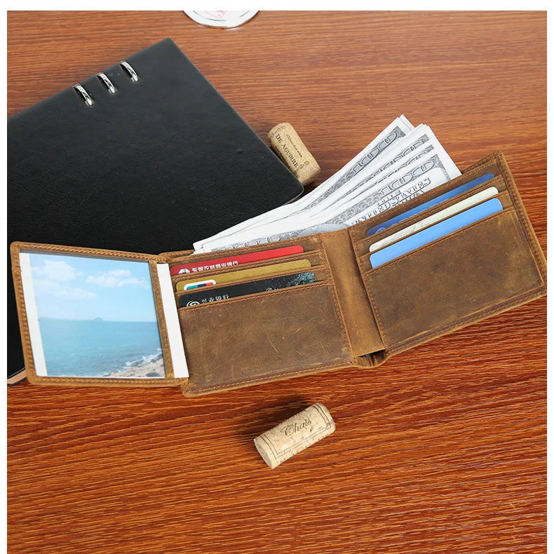 Vintage 100% Leather Wallet Men Bifold Functional