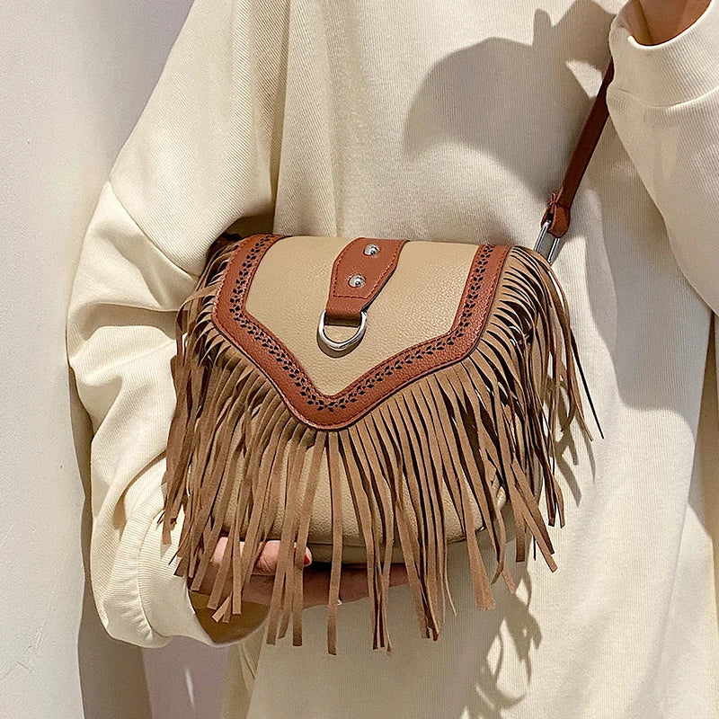 Vintage Tassel Pu Leather Crossbody Bag for Women