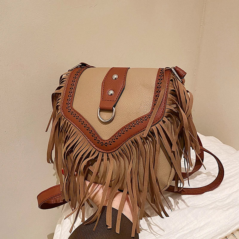 Vintage Tassel Pu Leather Crossbody Bag for Women