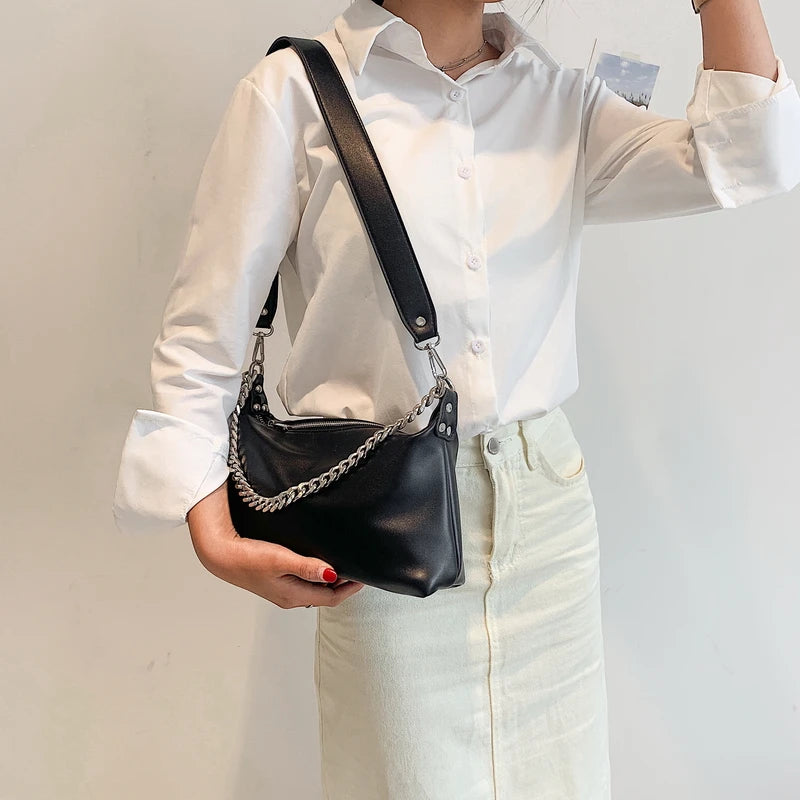 Vintage Soft Leather Shoulder Bag for Women with Metal Chain
