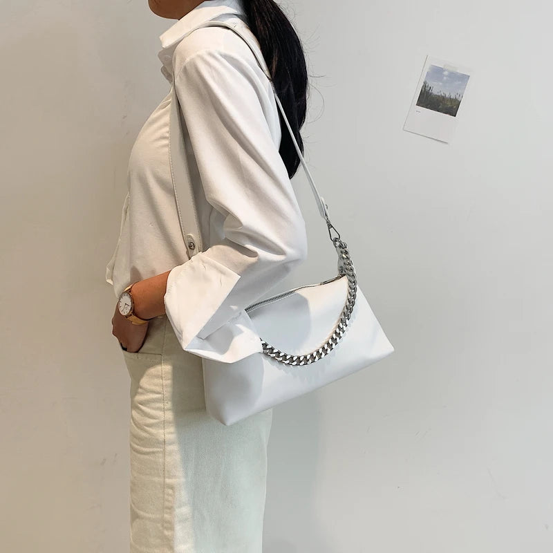 Vintage Soft Leather Shoulder Bag for Women with Metal Chain