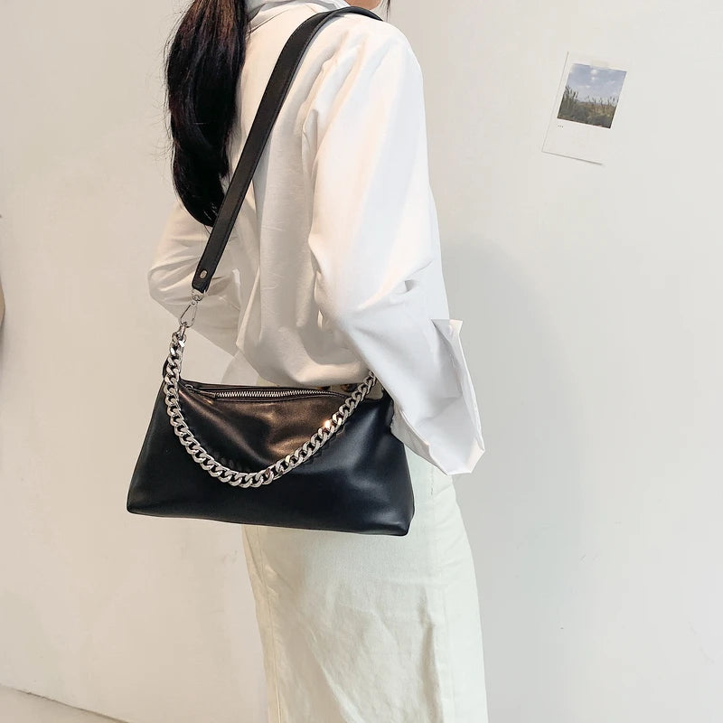 Vintage Soft Leather Shoulder Bag for Women with Metal Chain