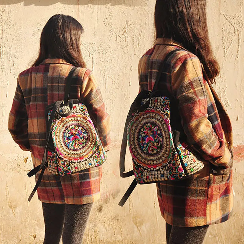 Vintage Embroidered Women Canvas Backpacks Floral Rucksack Schoolbag