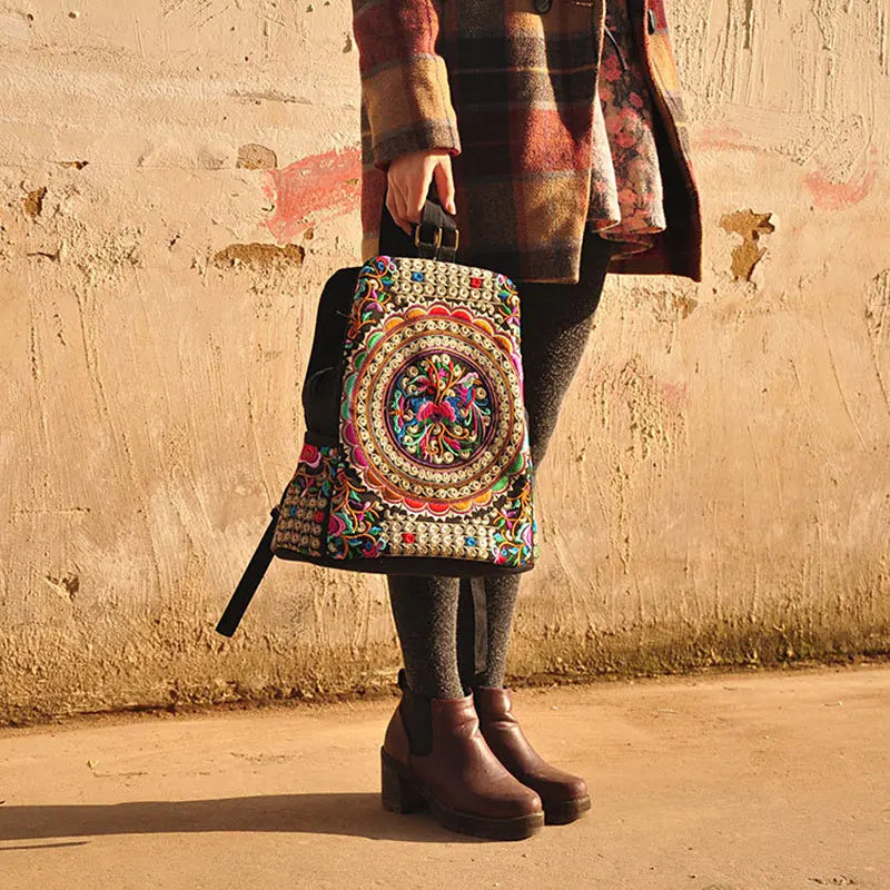 Vintage Embroidered Women Canvas Backpacks Floral Rucksack Schoolbag
