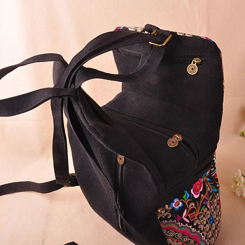 Vintage Embroidered Women Canvas Backpacks Floral Rucksack Schoolbag