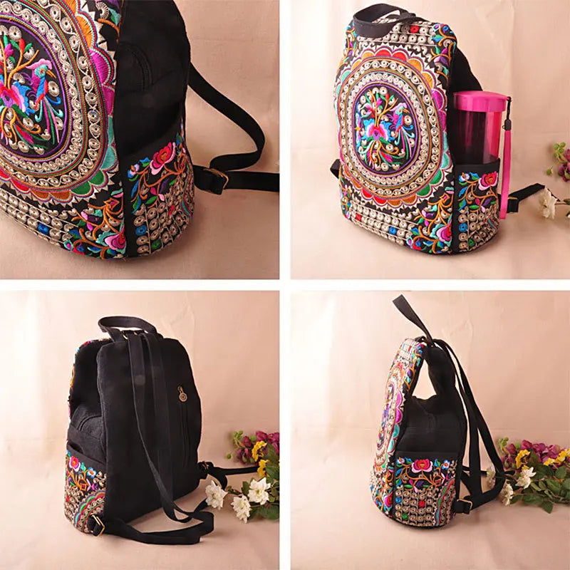 Vintage Embroidered Women Canvas Backpacks Floral Rucksack Schoolbag