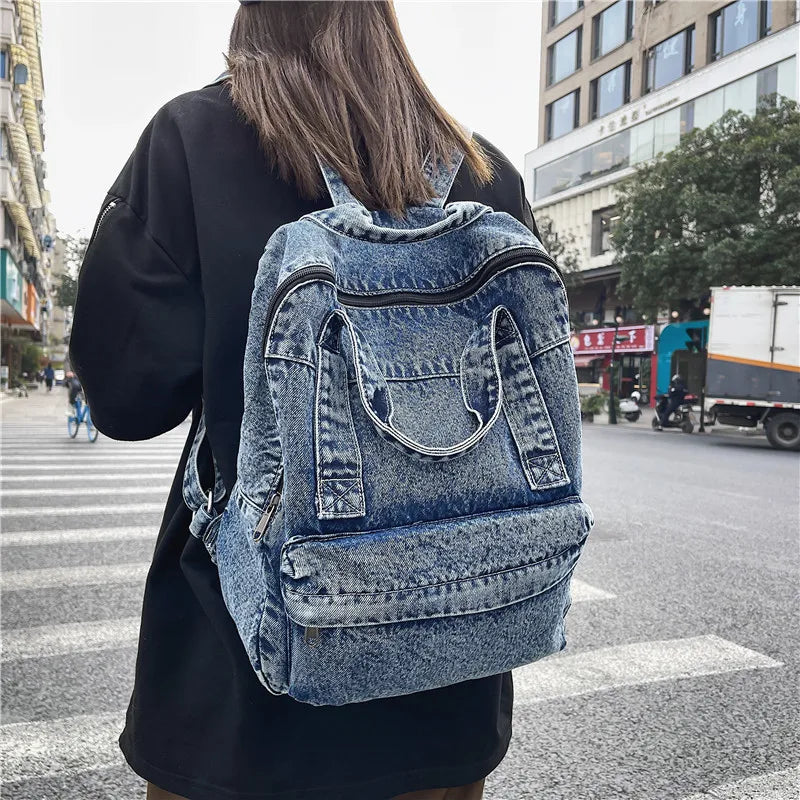 Vintage Denim Backpack Shoulder Bag for Women Student Casual School Travel