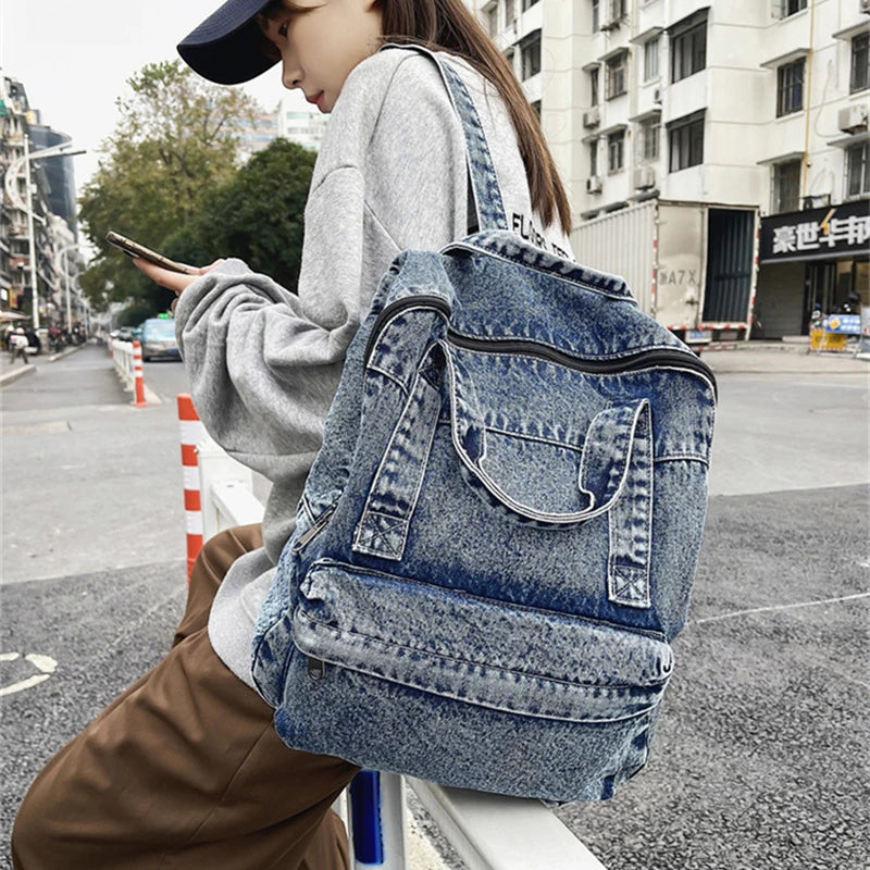 Vintage Denim Backpack Shoulder Bag for Women Student Casual School Travel