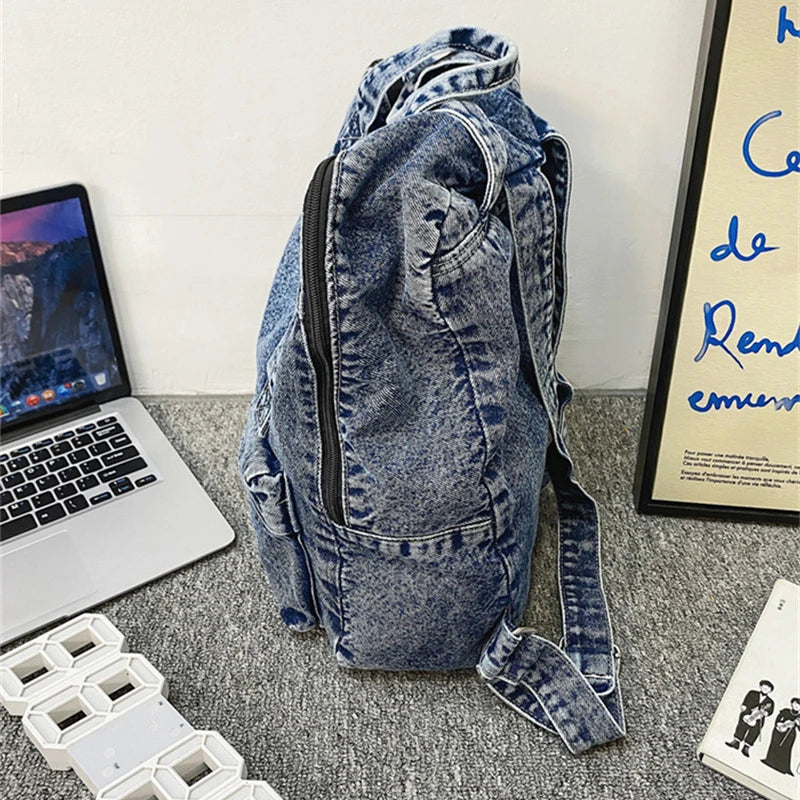 Vintage Denim Backpack Shoulder Bag for Women Student Casual School Travel
