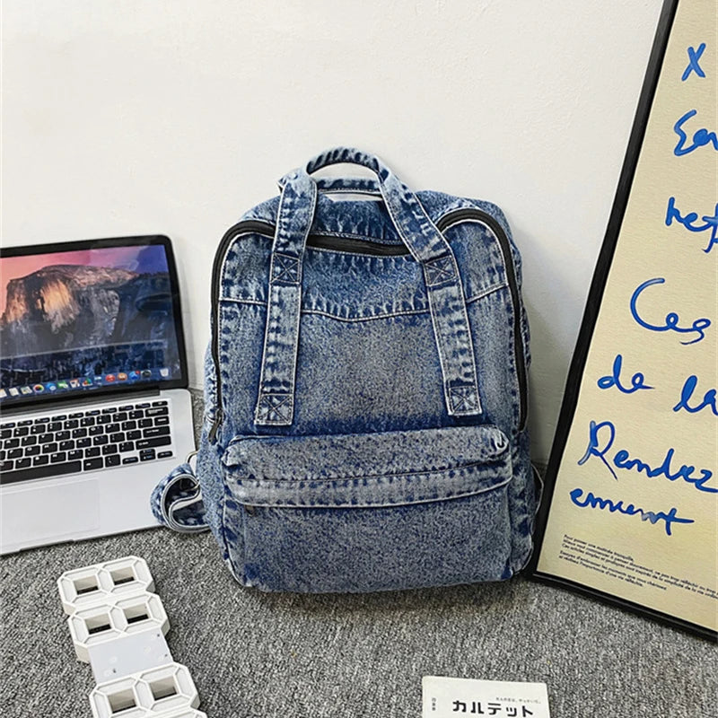 Vintage Denim Backpack Shoulder Bag for Women Student Casual School Travel