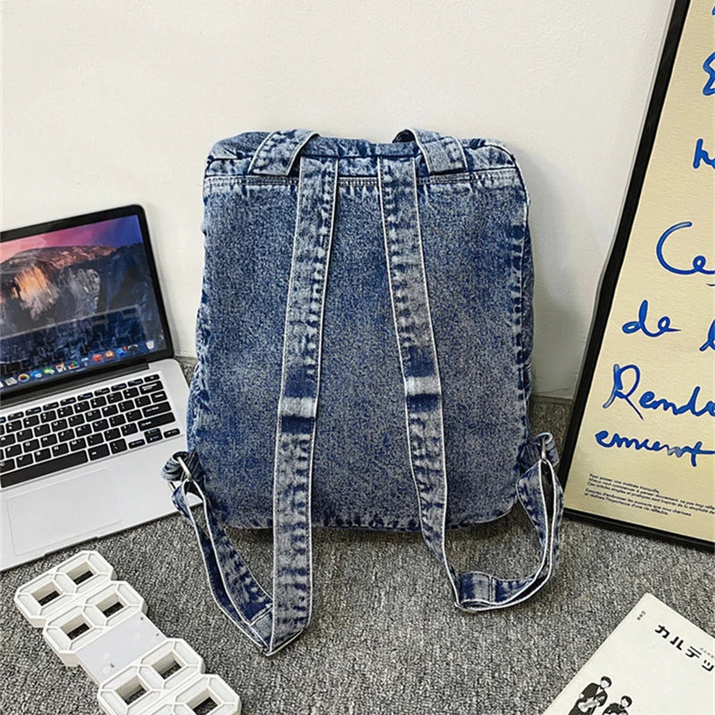 Vintage Denim Backpack Shoulder Bag for Women Student Casual School Travel