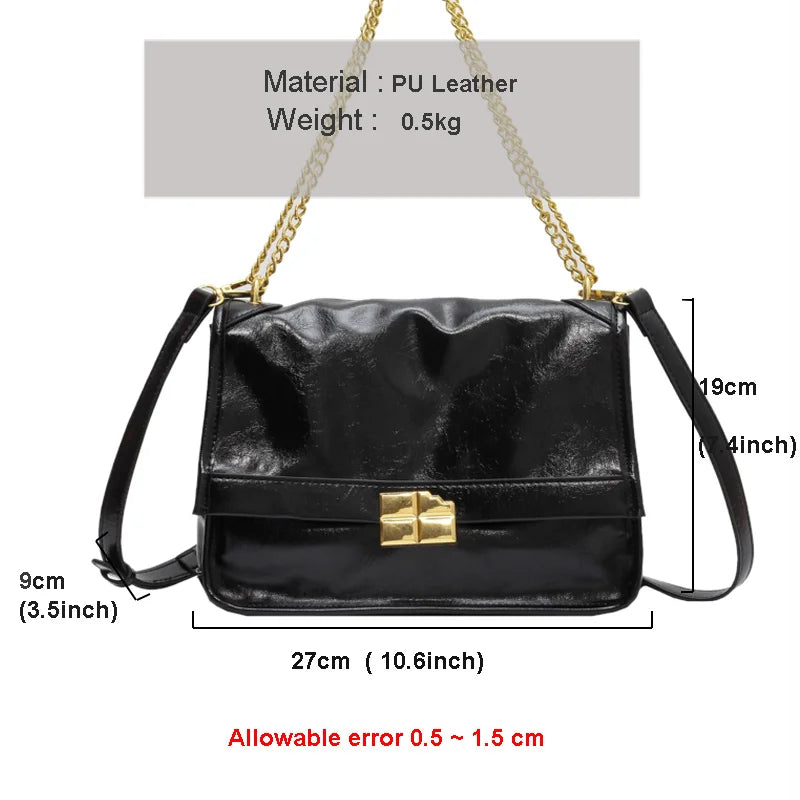 Vintage Oil Leather Lady Shoulder Bag Chains Catch Crossbody Pack