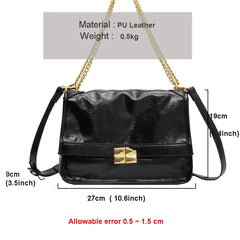 Vintage Oil Leather Lady Shoulder Bag Chains Catch Crossbody Pack
