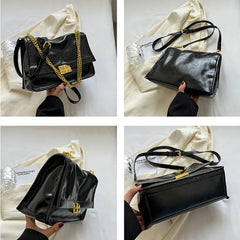 Vintage Oil Leather Lady Shoulder Bag Chains Catch Crossbody Pack