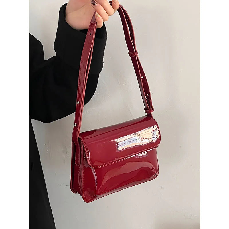 Red Patent Leather Women's Shoulder Bag Small Square Purses Handbags