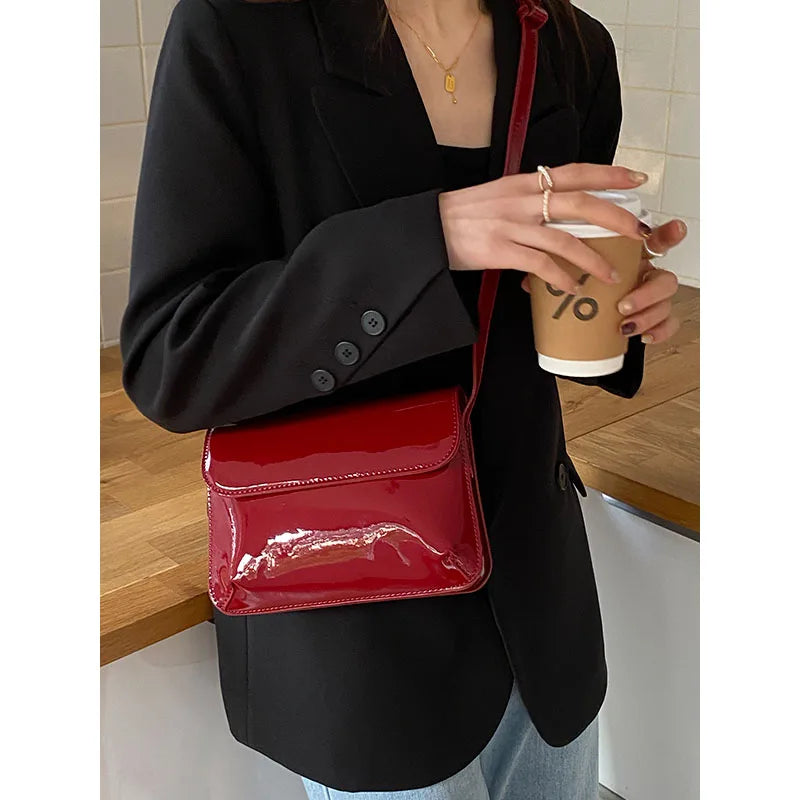 Red Patent Leather Women's Shoulder Bag Small Square Purses Handbags