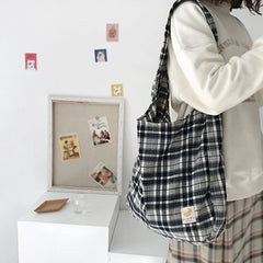 Vintage Plaid Women Shoulder Bag Autumn Winter Large Capacity Tote Canvas Bags