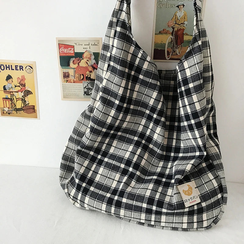 Vintage Plaid Women Shoulder Bag Autumn Winter Large Capacity Tote Canvas Bags