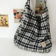 Vintage Plaid Women Shoulder Bag Autumn Winter Large Capacity Tote Canvas Bags