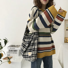Vintage Plaid Women Shoulder Bag Autumn Winter Large Capacity Tote Canvas Bags