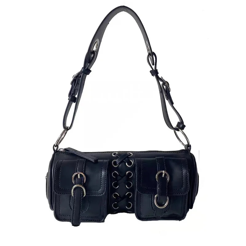 Vintage Women Cylinder Underarm Bag Double Pocket Ladies Shoulder Bag