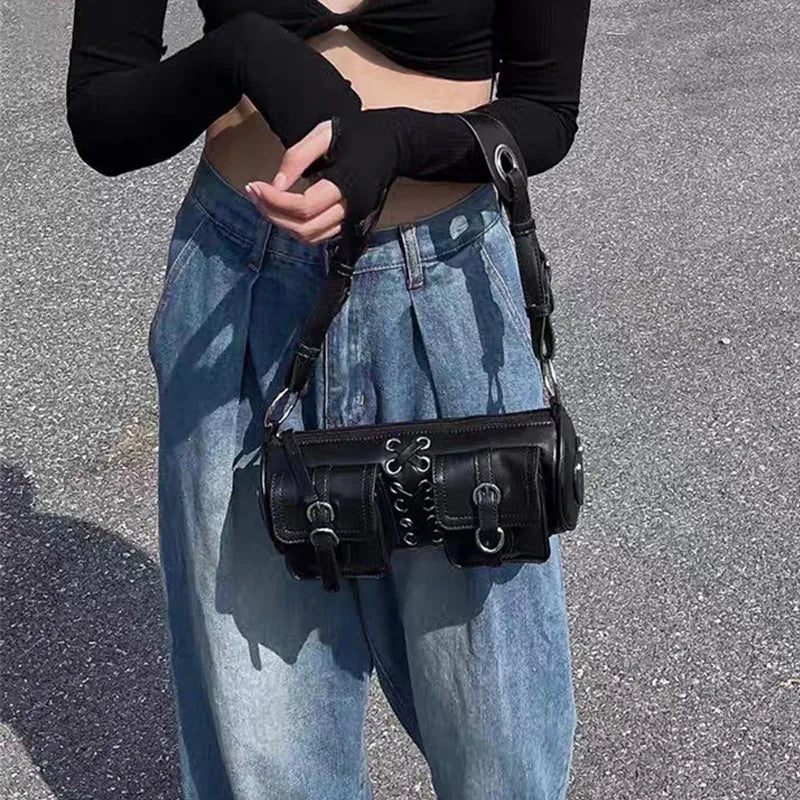 Vintage Women Cylinder Underarm Bags Double Pocket Ladies Shoulder Bag