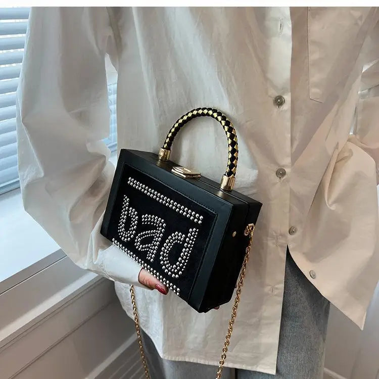 Vintage Women Box Clutch Bag Rivet Chain Handbag Wedding Clutch Shoulder Bag