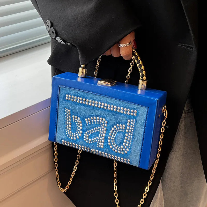 Vintage Women Box Clutch Bag Rivet Chain Handbag Wedding Clutch Shoulder Bag