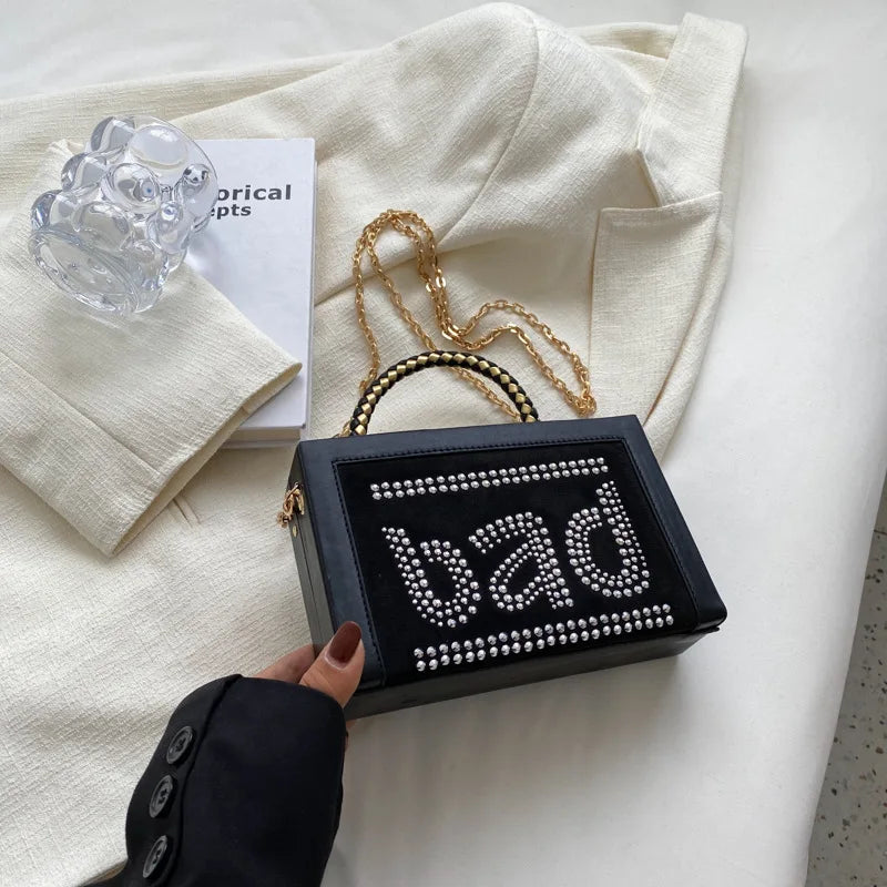 Vintage Women Box Clutch Bag Rivet Chain Handbag Wedding Clutch Shoulder Bag