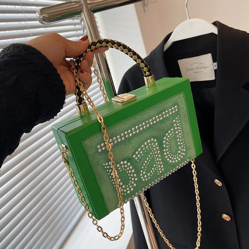 Vintage Women Box Clutch Bag Rivet Chain Handbag Wedding Clutch Shoulder Bag