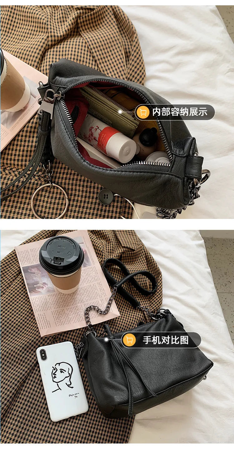 Vintage Braiding Shoulder Bag PU Leather Chain Hobos Messenger Bag Brown