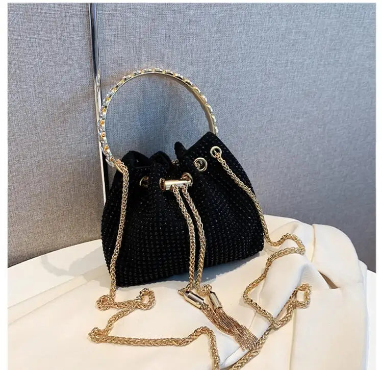 Vintage Rhinestone Bucket Handbag Purses Women Shoulder Crossbody Bag