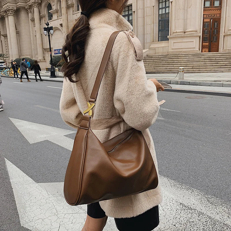 Vintage Brown Boston Shoulder Bags for Women Soft Leather Messenger Handbag