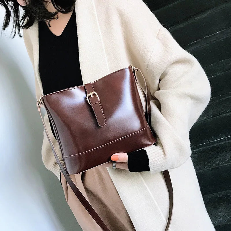 Vintage Bucket Bag Women Messenger Leather Handbag Crossbody Ladies Tote