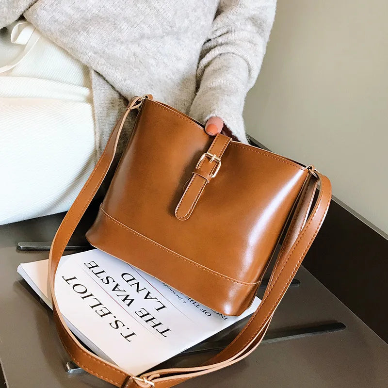 Vintage Bucket Bag Women Messenger Leather Handbag Crossbody Ladies Tote