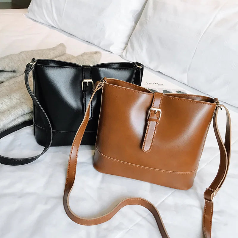 Vintage Bucket Bag Women Messenger Leather Handbag Crossbody Ladies Tote