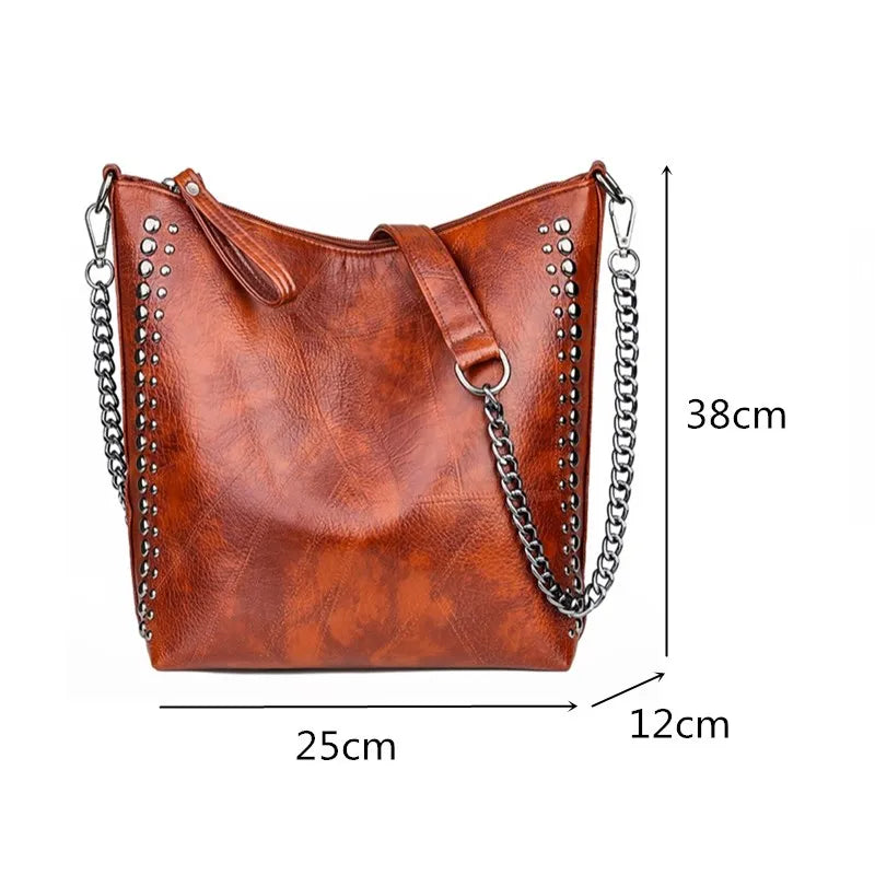 Vintage Bucket Shoulder Bags Chain Crossbody Bags for Women Rivet Handbags