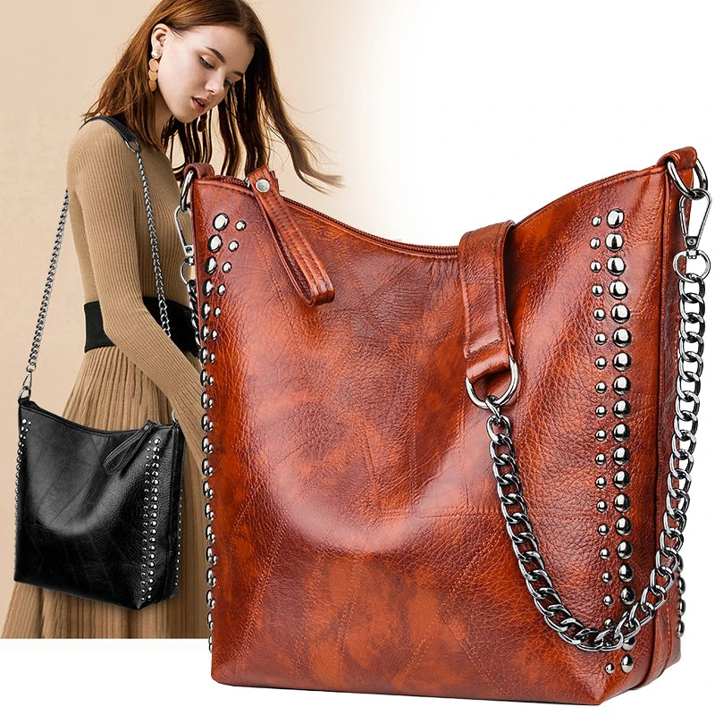 Vintage Bucket Shoulder Bags Chain Crossbody Bags for Women Rivet Handbags