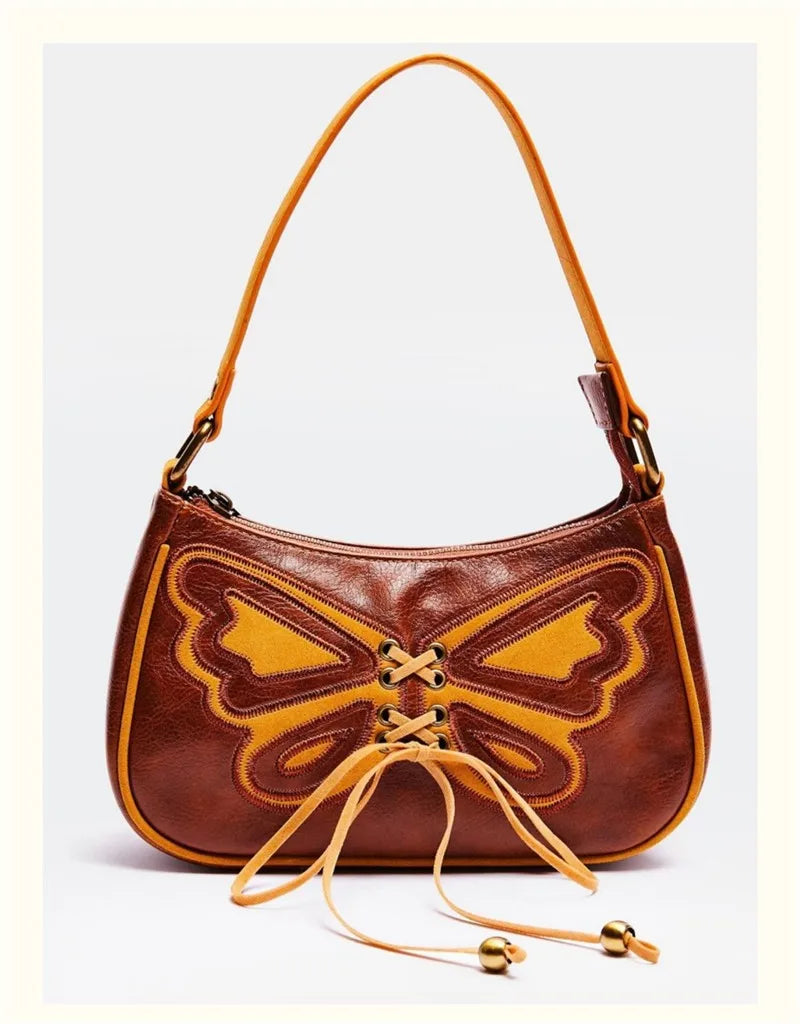 Vintage Butterfly Drawstring Handbag PU Leather Ladies Brown Underarm