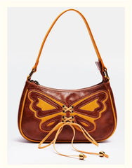 Vintage Butterfly Drawstring Handbag PU Leather Ladies Brown Underarm