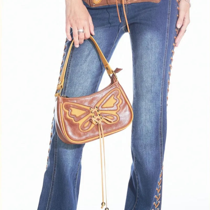Vintage Butterfly Drawstring Handbag PU Leather Ladies Brown Underarm