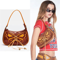 Vintage Butterfly Drawstring Handbag PU Leather Ladies Brown Underarm