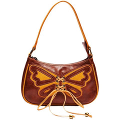 Vintage Butterfly Drawstring Handbag PU Leather Ladies Brown Underarm