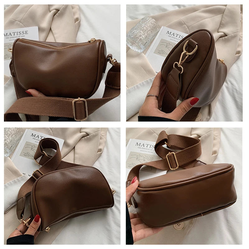 Vintage Casual Shoulder Bags Women PU Leather Half Moon Crossbody Bag