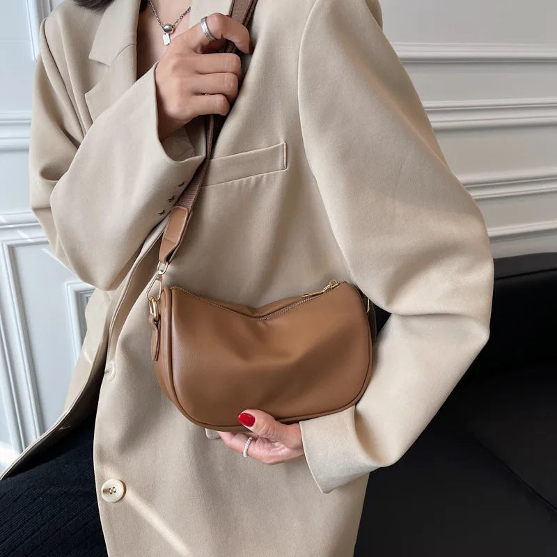 Vintage Casual Shoulder Bags Women PU Leather Half Moon Crossbody Bag