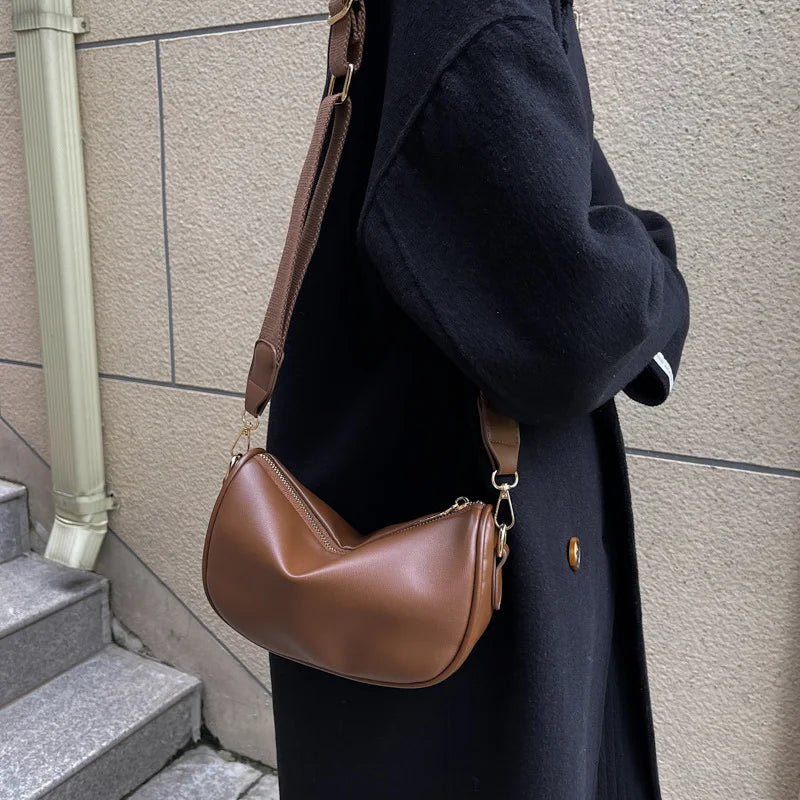 Vintage Casual Shoulder Bags Women PU Leather Half Moon Crossbody Bag
