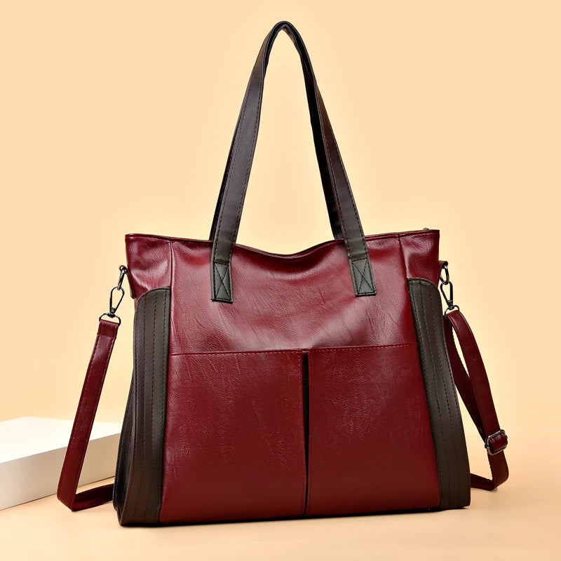 Vintage Casual Style Big Shoulder Bags for Women PU Leather Solid Tote Handbags